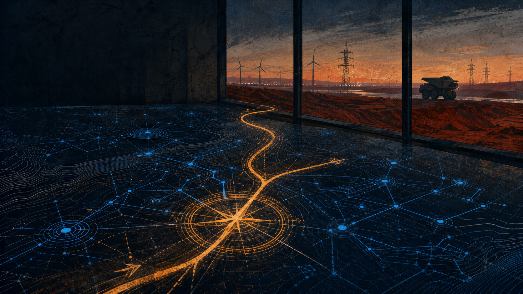 An amber decision path cuts through a blue network map in an industrial operations room, looking out over a renewable-energy grid at dusk.