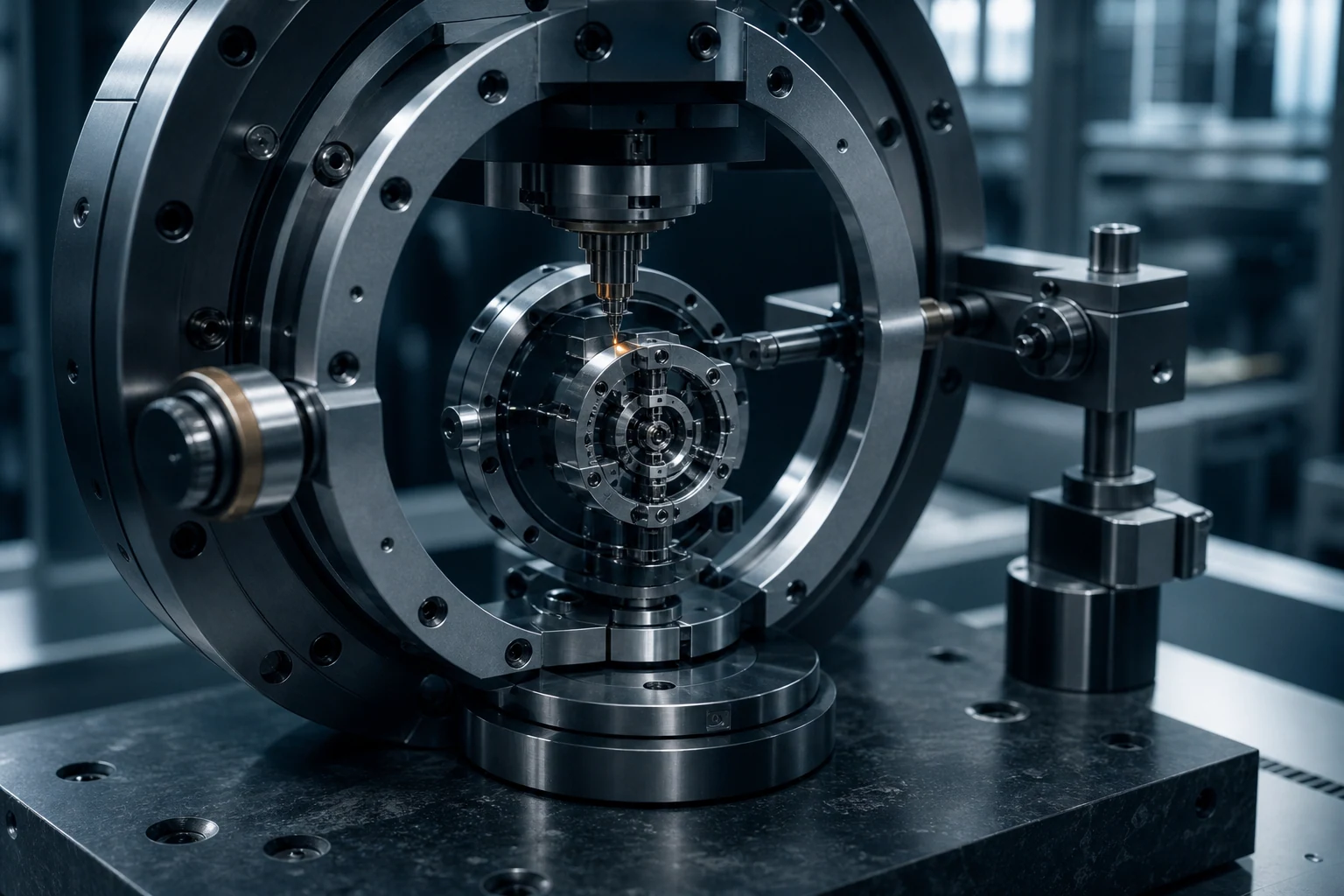 A precision machine inspects and rebuilds a smaller version of its own mechanism.