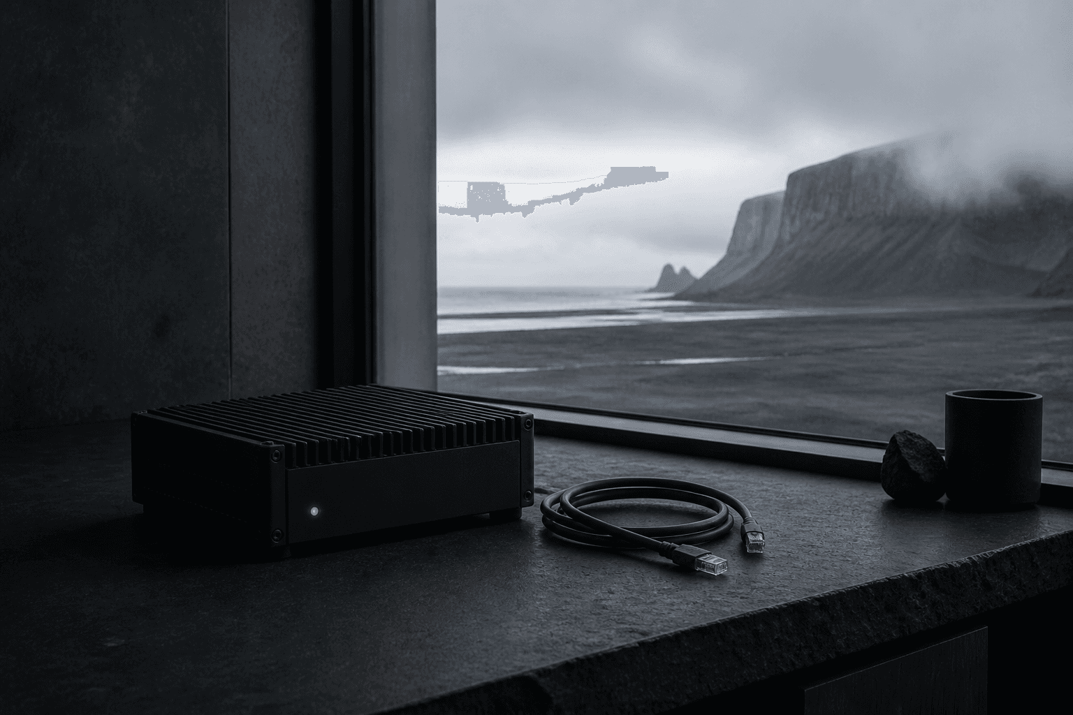 A compact computer and an unplugged network cable on a basalt desk beside an Icelandic coast.